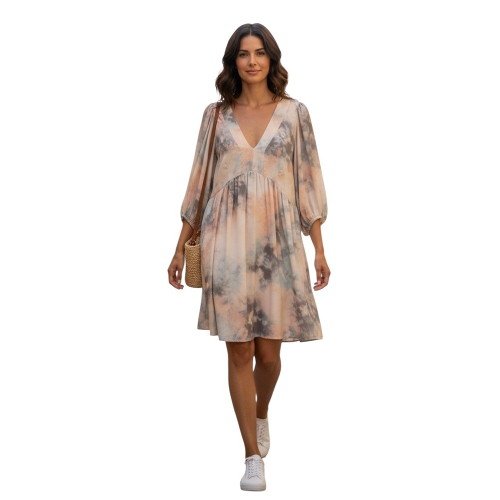 Saltwater Luxe 3/4-Puff-Sleeve V-Neck Satin Watercolor Knee-Length Shift Dress M